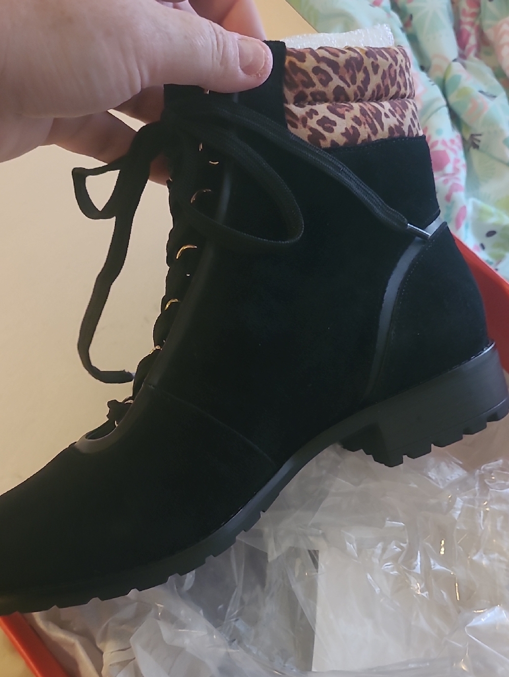 crown & ivy Black Lace-Up Ankle Boot with Leopard Collar